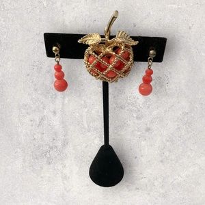 Vintage Salmon colored Earrings and Brooch